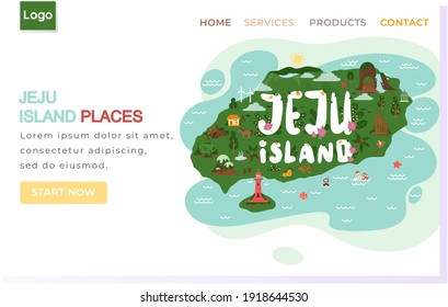 Welcome to Jeju island in South Korea, traditional landmarks, symbols, popular place for visiting tourists, jeju green tropical island travel concept. Korean land with traditional attractions