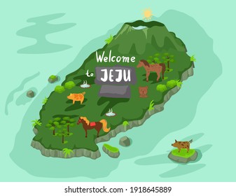 Welcome to Jeju island in South Korea, traditional landmarks, symbols, popular place for visiting tourists, jeju green tropical island travel concept. Korean land with traditional attractions