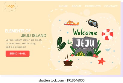 Welcome to Jeju island in South Korea, traditional landmarks, symbols, popular place for visiting tourists, jeju green tropical island travel concept. Korean land with traditional attractions