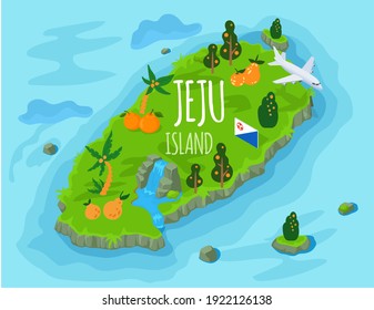 Welcome to Jeju island in South Korea, traditional landmarks, symbols, popular place for visiting tourists, jeju green tropical island with water travel. Korean land with traditional attractions