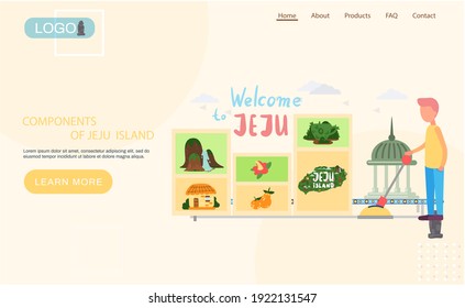 Welcome to Jeju island in South Korea, traditional landmarks, symbols, popular place for visiting tourists, jeju green tropical island travel concept. Korean land with traditional attractions