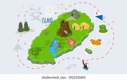 Welcome to Jeju island in South Korea, traditional landmarks, symbols, popular place for visiting tourists, jeju green tropical island travel concept. Korean land with traditional attractions