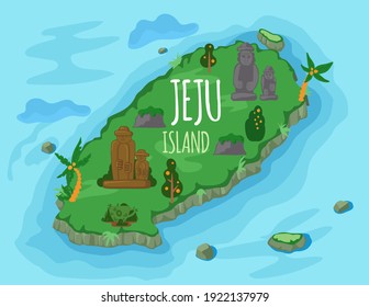 Welcome to Jeju island in South Korea, traditional landmarks, symbols, popular place for visiting tourists, jeju green tropical island with water travel. Korean land with traditional attractions