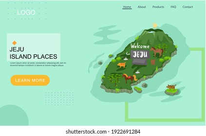 Welcome to Jeju island in South Korea, traditional landmarks, symbols, popular place for visiting tourists, jeju green tropical island travel concept. Korean land with traditional attractions