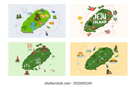 Welcome to Jeju island in South Korea, traditional landmarks, symbols, popular place for visiting tourists, jeju green tropical island travel concept. Korean land with traditional attractions