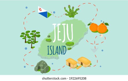 Welcome to Jeju island in South Korea, traditional landmarks, symbols, popular place for visiting tourists, jeju green tropical island travel concept. Korean land with traditional attractions