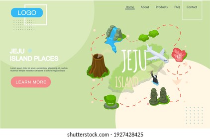 Welcome to Jeju island in South Korea, traditional landmarks, symbols, popular place for visiting tourists, jeju green tropical island travel concept. Korean land with traditional attractions