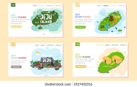 Welcome to Jeju island in South Korea, traditional landmarks, symbols, popular place for visiting tourists, jeju green tropical island travel concept. Korean land with traditional attractions