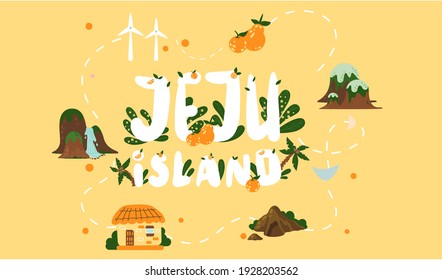 Welcome To Jeju Island In South Korea, Traditional Landmarks, Symbols, Popular Place For Visiting Tourists, Jeju Green Tropical Island Travel Concept. Korean Land With Traditional Attractions