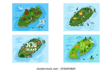 Welcome to Jeju island in South Korea, traditional landmarks, symbols. Korean land with traditional attractions