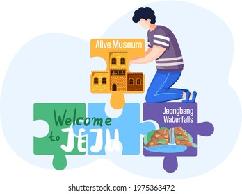 Welcome to Jeju island in South Korea, famous showplaces. Layout of poster with invitation to island for tourists. Local Jeju Korean culture representative. Male character puts puzzles of landmarks