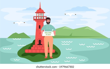Welcome to Jeju island in South Korea. Local Jeju architecture and landmark, Korean culture. Male traveler stands next to red building in oriental style, lighthouse in sea surrounded by marine life