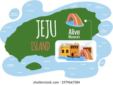 Welcome to Jeju island in South Korea, traditional elements. Layout of postcard to Jeju for tourists. Landscape of place in Korea with nature and architecture. Alive museum cultural city landmark