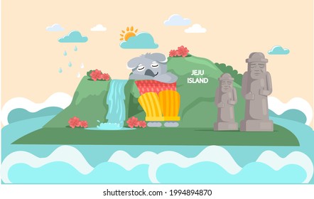 Welcome to Jeju island in South Korea. Trip in beautiful green park travel concept and adventure tourism. Journey, vacation to green island. Large statues, stone idols surrounded by Jeju landscape