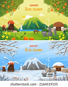 Welcome to Jeju island in South Korea postcard, banner. Tourist place, vacation resort in different seasons. Tropical island with nature and architecture. Landscape of island in summer and winter