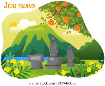 Welcome to Jeju island in South Korea. Popular tourist place, resort. Tropical island with nature and architecture. Tourism, vacation, recreation in Korea. Landscape of island vector illustration