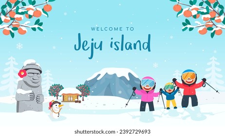 Welcome to Jeju Island vector illustration. Family skiing holidays in winter landscape background