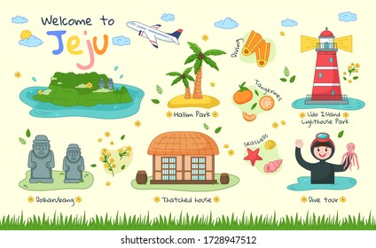 Welcome to Jeju. Set of Jeju tourist attractions such as hallim park, tourism diving, udo island lighthouse park, dolharubang, thatched house, dive tour. Jeju island in South Korea. Vector flat