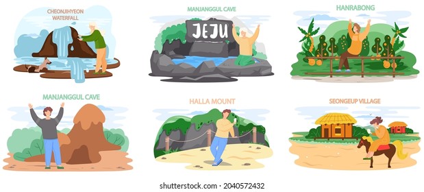 Welcome to Jeju. Set of tourist attractions hallim park, manjanggul cave cheonjihyeon waterfall hanrabong park dolharubang thatched house seongeup village. Vacation to Jeju island in South Korea