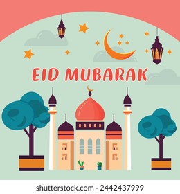 Welcome the joyous occasion of Eid with this stunning vector illustration of Eid Mubarak. Radiating warmth and happiness, this artwork features intricate Islamic patterns and vibrant colors.