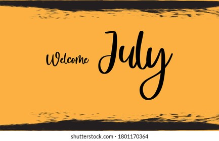 Welcome July Calligraphy Handwritten Black Color Text On Yellow Background