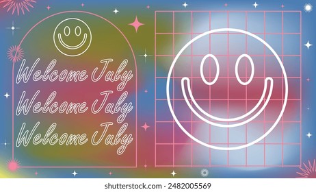Welcome July greeting card vector banner design illustration. motivational cover graphic art. 