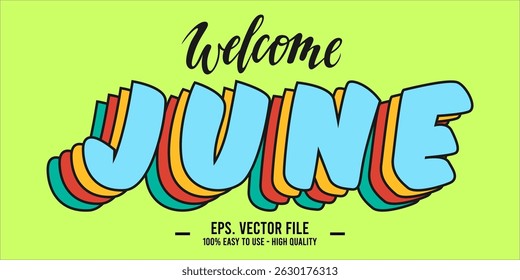 Willkommen im Juni. June Mount Art Design, Vektorgrafik, Beschriftung Text Kalligrafie. 