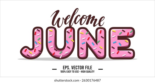 Bienvenida June. Ilustración vectorial de diseño de arte de montaje de junio, caligrafía de texto de letras. 