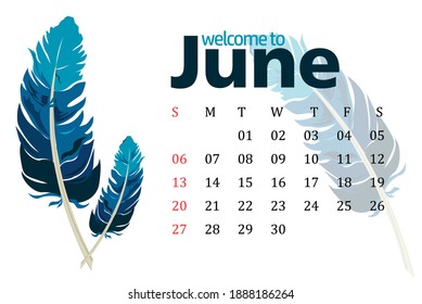 Bienvenido a Junio con la ilustración Vector. Feather with Blue Color Based Illustration for June with Calendar Dates. Ilustración sencilla, alucinante y creativa de eps.