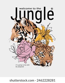 welcome to jungle slogan with wild cat heads and flowers hand drawn vector illustration