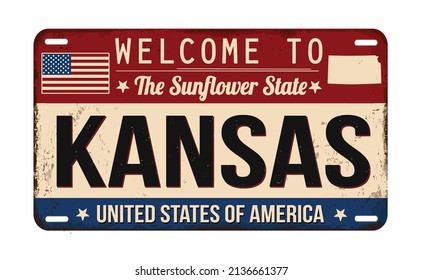 Welcome to Kansas vintage rusty license plate on a white background, vector illustration