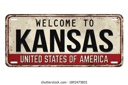 Welcome to Kansas vintage rusty metal plate on a white background, vector illustration