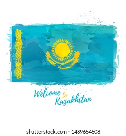 Welcome to Kazakhstan banner. National flag Republic of Kazakhstan in watercolor style design. Symbol and sign. Vector illustration.