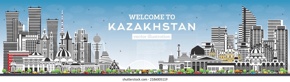 Welcome To Kazakhstan. City Skyline With Gray Buildings And Blue Sky. Vector Illustration. Concept With Modern Architecture. Kazakhstan Cityscape With Landmarks. Nur-Sultan And Almaty.