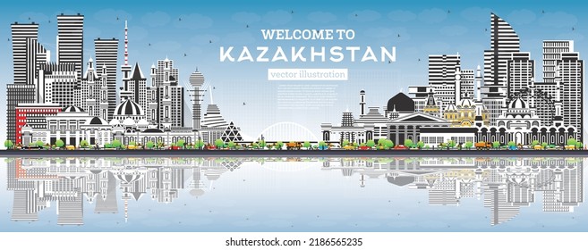 Welcome To Kazakhstan. City Skyline With Gray Buildings, Blue Sky And Reflections. Vector Illustration. Concept With Modern Architecture. Kazakhstan Cityscape With Landmarks. Nur-Sultan And Almaty.