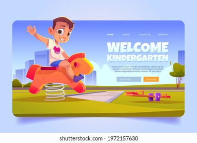 Welcome to kindergarten cartoon landing page. Little kid rocking wooden horse on summer playground. Area for children with swing and green plants. Happy boy playing, nursery school Vector web banner