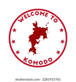 Welcome to Komodo stamp. Grunge island round stamp with texture in Super Rose Red color theme. Vintage style geometric Komodo seal. Charming vector illustration.