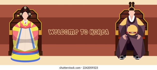 Welcome to Korea. Kings in hanbok sit on the throne and greet the comers. Korean folk clothes for kings.Vector illustration in a flat design style. The design is simple. Kings banner, flyer, printed.