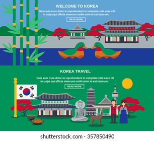 Welcome to korea two flat banners for webpage with mandarin ducks national symbol and landmarks abstract vector illustratio