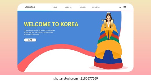 Welcome to Korea a web page with a flat illustration of a Korean girl in hanbok 