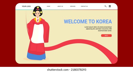 Welcome to Korea a web page with a flat illustration of a Korean girl in hanbok 