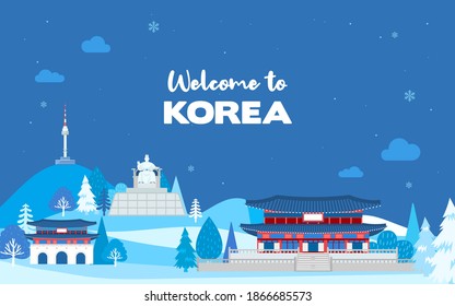 Welcome To Korea Winter Background Vector Illustration. Winter Landscape With Korea Attractions Flat Design