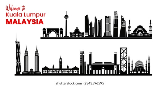 Bienvenidos a la silueta de perfil urbano de Kuala Lumpur Malasia. Lugares emblemáticos de Malasia. Ciudad vectorial de Kuala Lumpur malasia