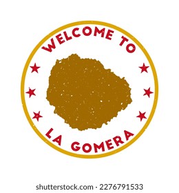 Welcome to La Gomera stamp. Grunge island round stamp with texture in Bloodthirsty Lips color theme. Vintage style geometric La Gomera seal. Elegant vector illustration.