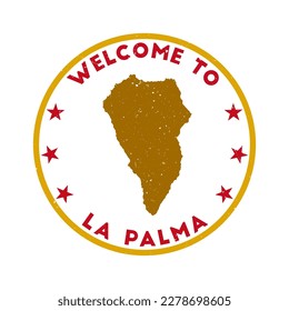 Welcome to La Palma stamp. Grunge island round stamp with texture in Bloodthirsty Lips color theme. Vintage style geometric La Palma seal. Modern vector illustration.