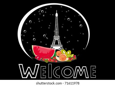 welcome label with winter silhouette of Eiffel Tower, isolated on black