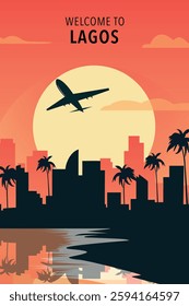 Welcome to Lagos, Nigeria. Retro city poster with abstract shapes of skyline, buildings, plane flying over shore. Vintage summer travel vector illustration