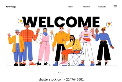 Welcome Landing Page. Diverse People Group, Business Team, Disabled And Healthy Characters Waving Hand Show Greeting Gesture. Multinational Men And Women Saying Hello, Line Art Flat Vector Web Banner