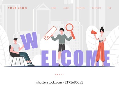 Welcome Landing Page Diverse Team of People Website Start Page. Trendy flat style. Previous illustration.