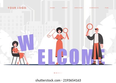 Welcome Landing Page Diverse Team of People Home page for website. Trendy flat style. Vector.